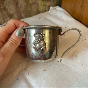 Silver baby mug cup ‎ teddy bear design present holiday special occasion gift